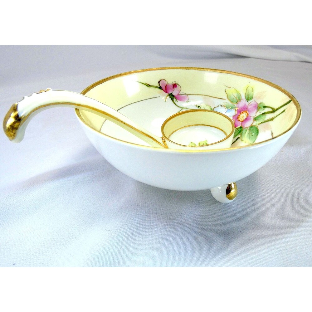 Vintage Nippon Floral Mayonnaise Footed Bowl w/ Ladle Hand-Painted Japan